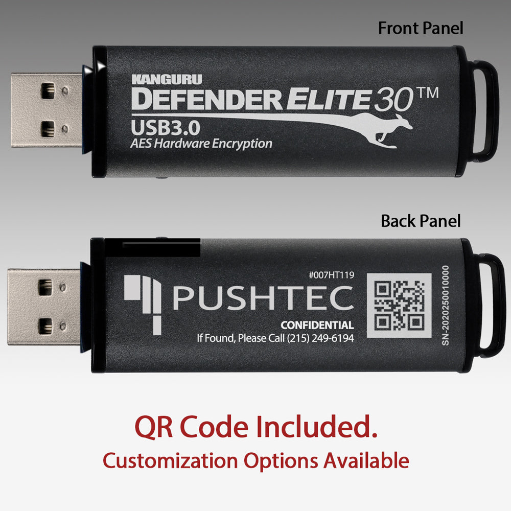 Kanguru Defender drives come with a QR Code for identification.  Customization is available. Engrave logos, contact information, and other custom elements.