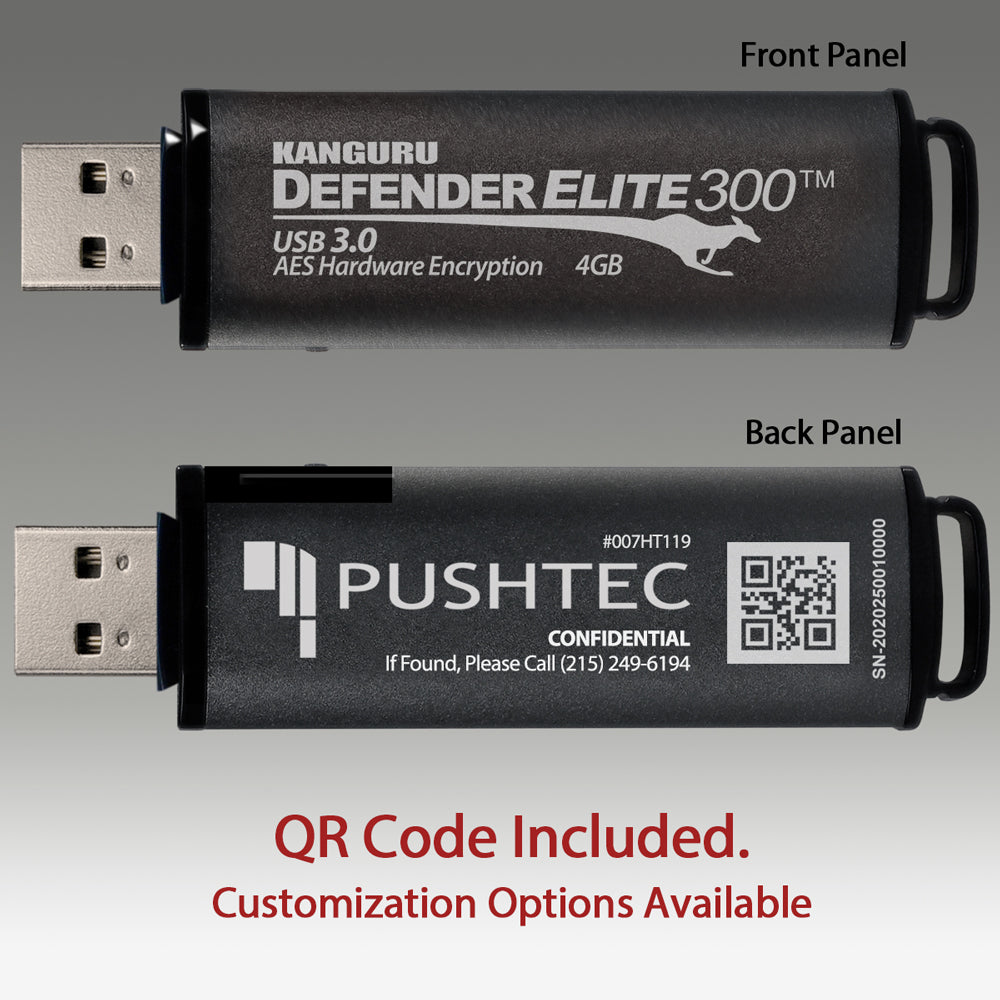 Kanguru Defender drives come with a QR Code for identification.  Customization is available. Engrave logos, contact information, and other custom elements.