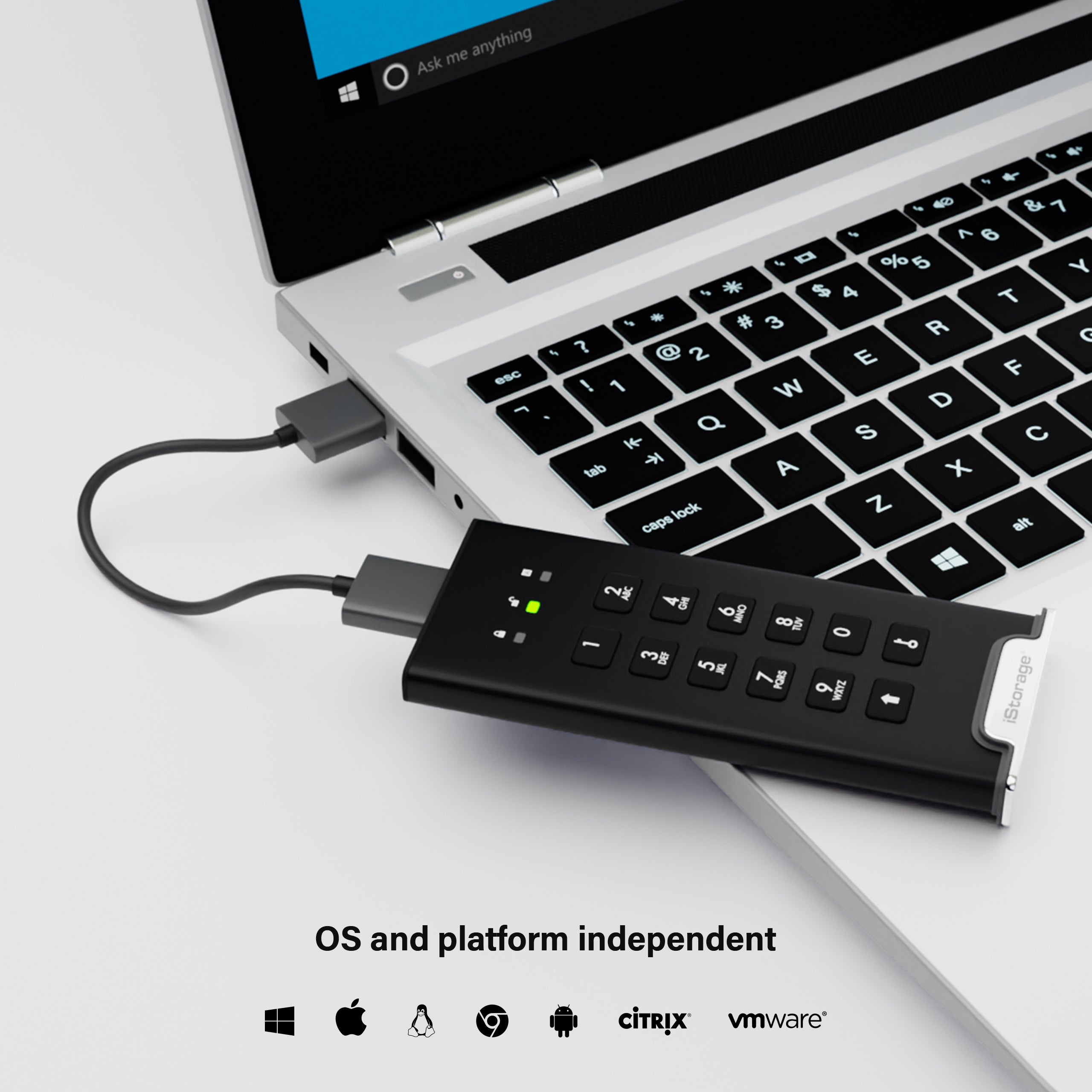 OS and platform independent. No software required; the drive will work on any device with a USB port. USB Type C and Type A connectivity (included)